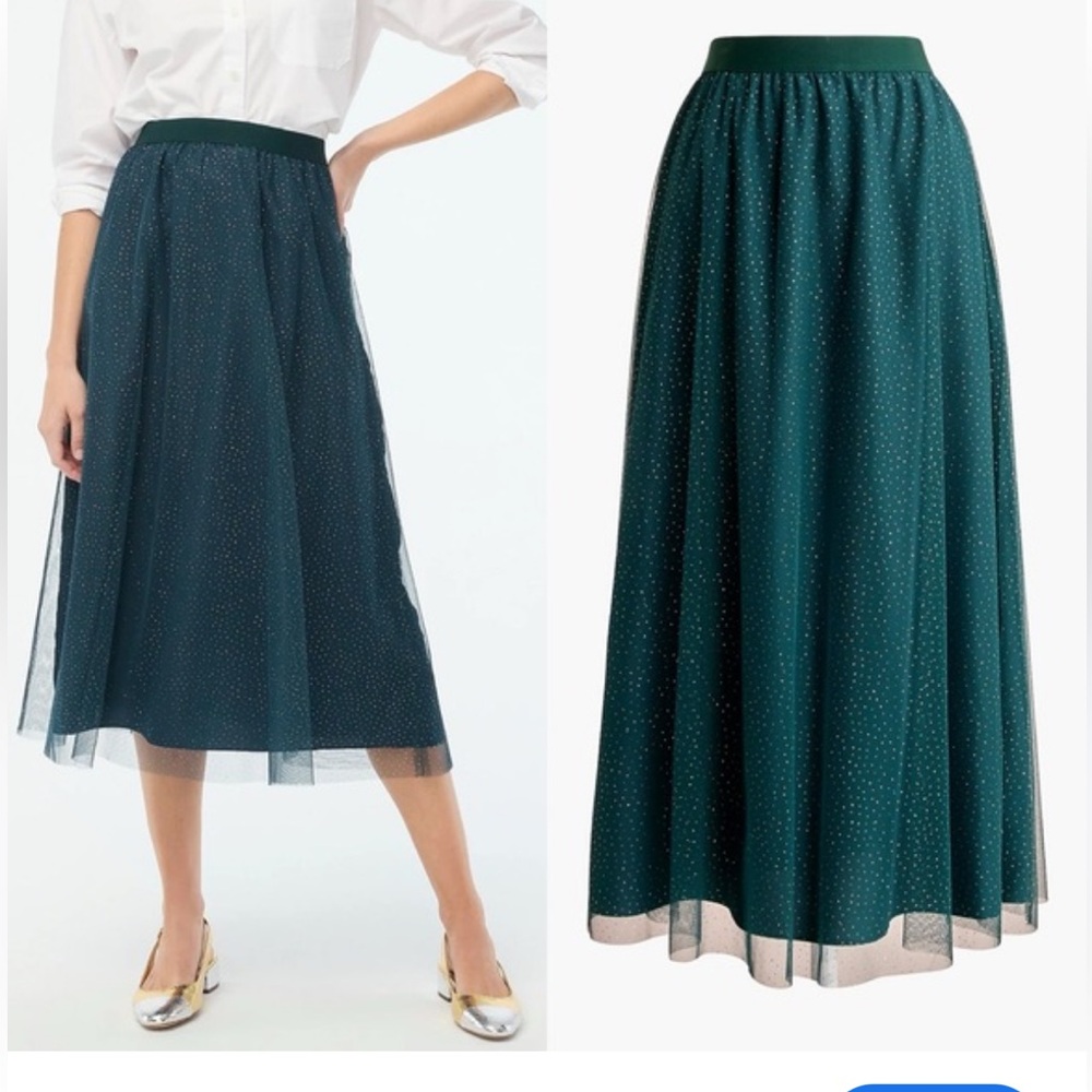 J. Crew Dark Green sparkle tulle midi Skirt